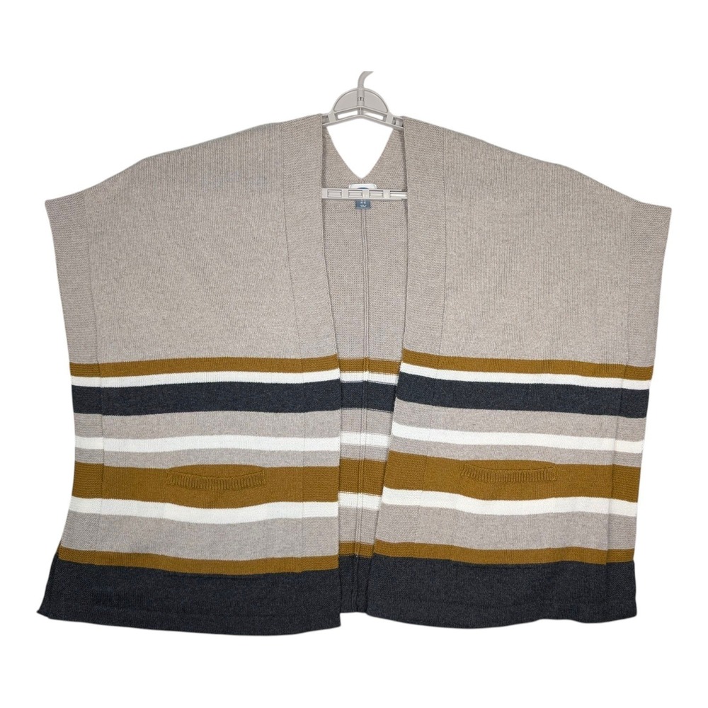 Poncho Cardigan Womens M-L Beige Striped‎ Open Front Knit Wrap Layering Earthy